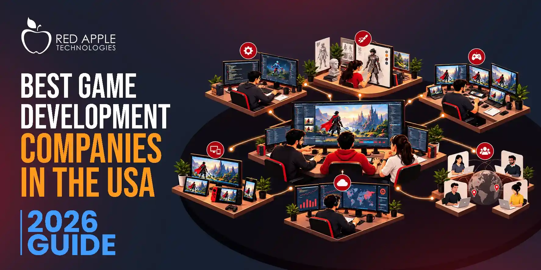 Illustration of game development disciplines including engineering, art, QA, porting, and post-launch production for US-facing projects.