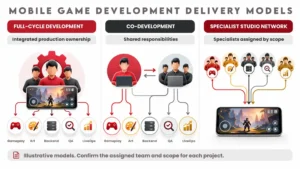 Comparison of full-cycle development, shared co-development, and specialist studio networks for mobile game production
