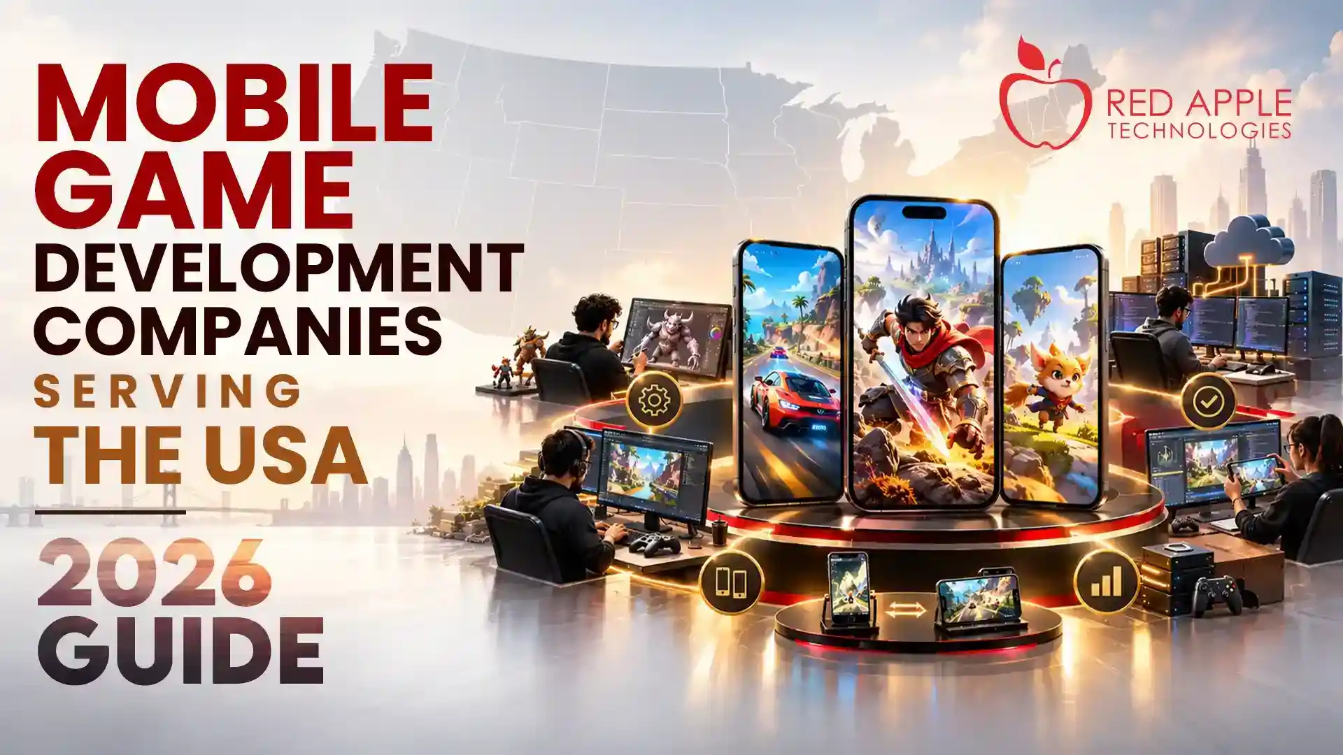 Illustration of mobile game production across Android and iOS with gameplay, backend, art, testing, and post-launch workstreams.