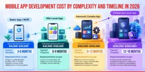 Mobile app development cost by complexity and timeline in 2026